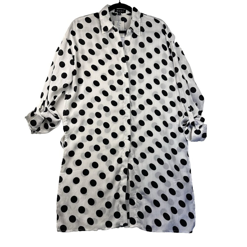 MASA USA Polka Dot Button Down Tunic Blouse Size M Longline Coastal Beach Top